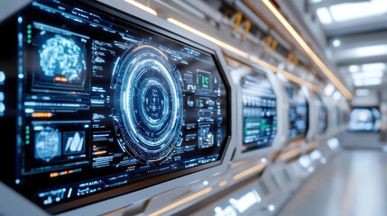 Futuristic spaceship control dashboard with advanced technology and glowing interfaces