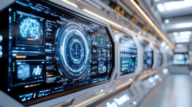 Futuristic spaceship control dashboard with advanced technology and glowing interfaces
