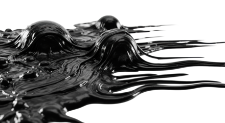 Obsidian-black, viscous goo forms undulating tendrils & coalescing globs, spreading on a stark white background with dramatic rim lighting, extreme macro, low-angle shot, concept of primeval dread