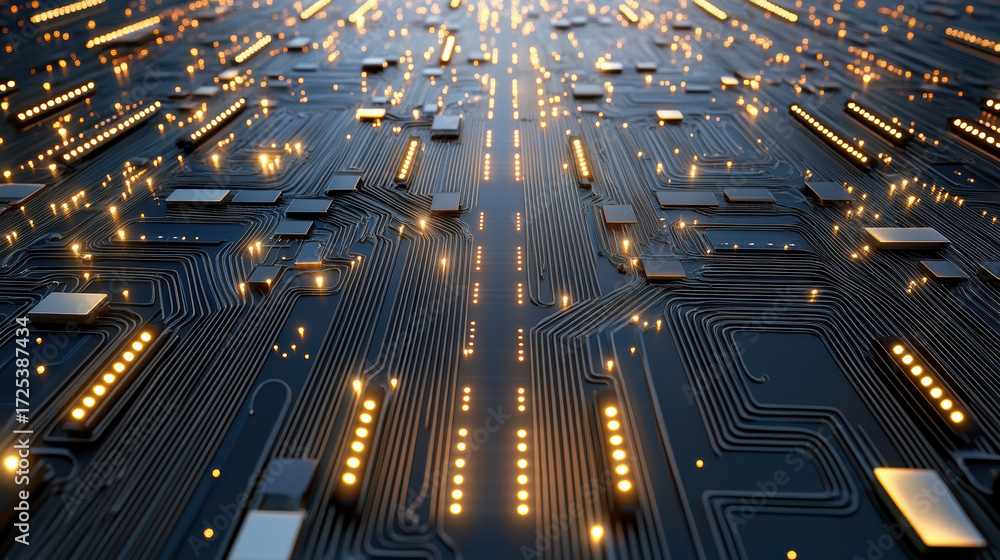 Aufkleber glowing circuit board with intricate patterns and lights creating futuristic atmosphere