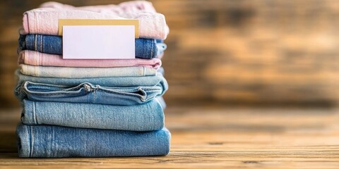 Neatly Folded Jeans and Colorful Clothes on Wooden Surface for Home Decor Inspiration