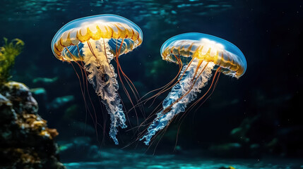 Naklejka premium Glowing jellyfish swim gracefully deep water, showcasing their vibrant colors and delicate