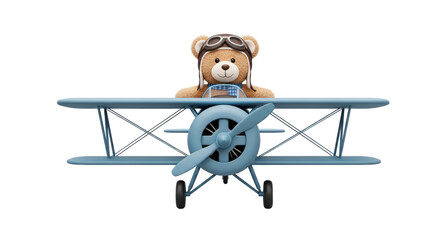 Isolated Teddy bear pilot in toy biplane, cute plush aviator airplane, childhood dreams © Natalia