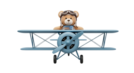 Isolated Teddy bear pilot in toy biplane, cute plush aviator airplane, childhood dreams