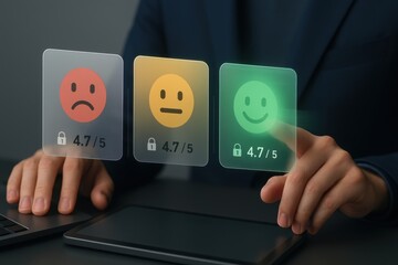 Businessman selecting satisfaction rating emoticon with holographic interface
