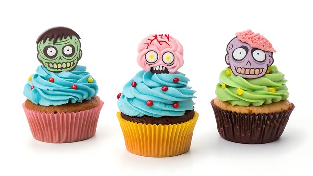 Three spooky halloween cupcakes decorated with cute monster faces and colorful frosting