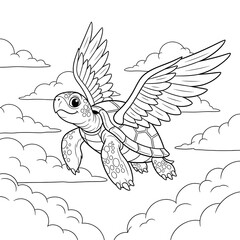 Naklejka premium A cute flying turtle coloring page. Fantasy illustration of a happy turtle with wings flying through the clouds in the sky. A whimsical activity sheet for children.