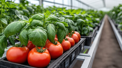 Fresh tomatoes growing greenhouse with lush green plants surrounding them, showcasing vibrant