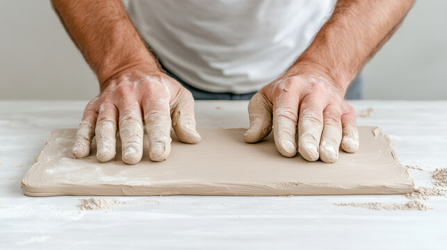 Molding clay with hands, creating flat surface, artistic expression, craftsmanship