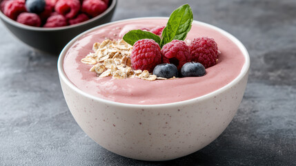 Creamy smoothie bowl topped with fresh raspberries, blueberries, and oats, perfect for healthy