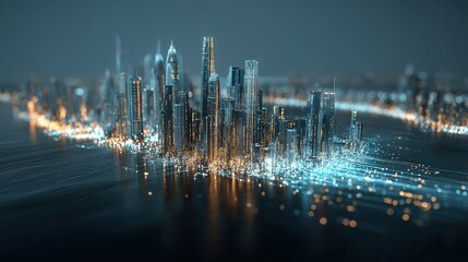 A futuristic city skyline illuminated with lights, showcasing a blend of technology and urban architecture against a dark backdrop.
