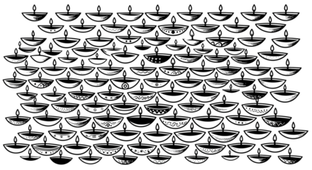 Hand-drawn black and white diyas form a vibrant pattern, perfect for Diwali greetings, cultural designs, and traditional Indian celebration themes.