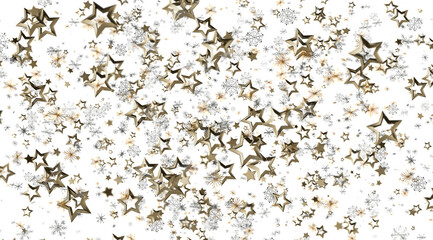Sparkling gold stars and snowflakes on white. Perfect for holidays, celebrations, and festive designs.