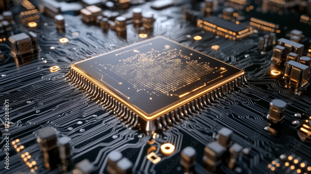 Poster High tech microprocessor on circuit board with intricate details and glowing elements
