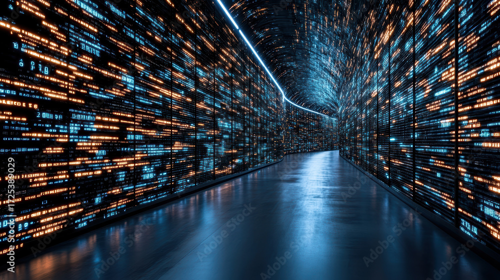 Poster futuristic corridor filled with glowing blue and orange data streams creates mesmerizing visual
