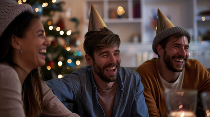 Obraz premium A group of friends joyfully laughing together during a cozy festive gathering, adorned with playful hats and a warm atmosphere, bringing a sense of togetherness and happiness.