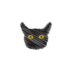 Scribbled black cat head with yellow eyes isolated on a white background digital art illustration for logo brand and projects