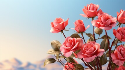 Obraz premium Beautiful pink roses against soft blue sky