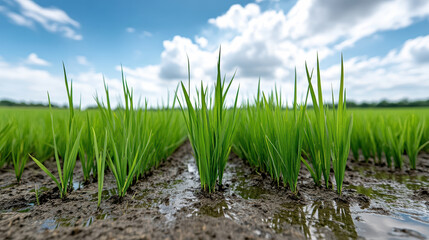Fototapeta premium Lush green rice plants grow in flooded fields under bright blue sky with fluffy clouds