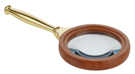 Isolated magnifying glass with wooden frame and gold handle, lens for detail inspection