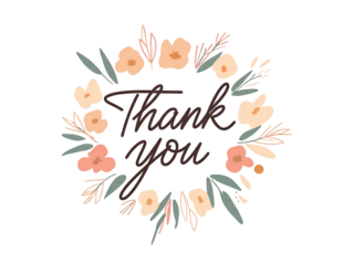 A floral wreath surrounds the words "Thank You" in elegant calligraphy, creating a warm, appreciative message.
