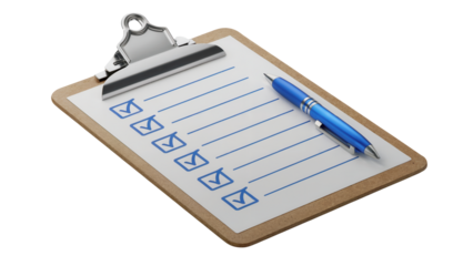 Professional clipboard with checklist and blue pen ready for task completion