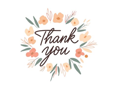 A floral wreath surrounds the words "Thank You" in elegant calligraphy, creating a warm, appreciative message.