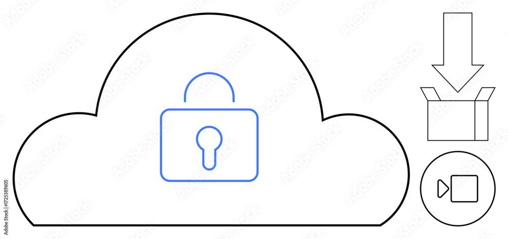 Aufkleber padlock inside cloud emphasizing security. arrow pointing to box and video file highlight storage, d
