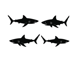 Four silhouetted sharks in dynamic poses against a white background representing ocean predators and marine life