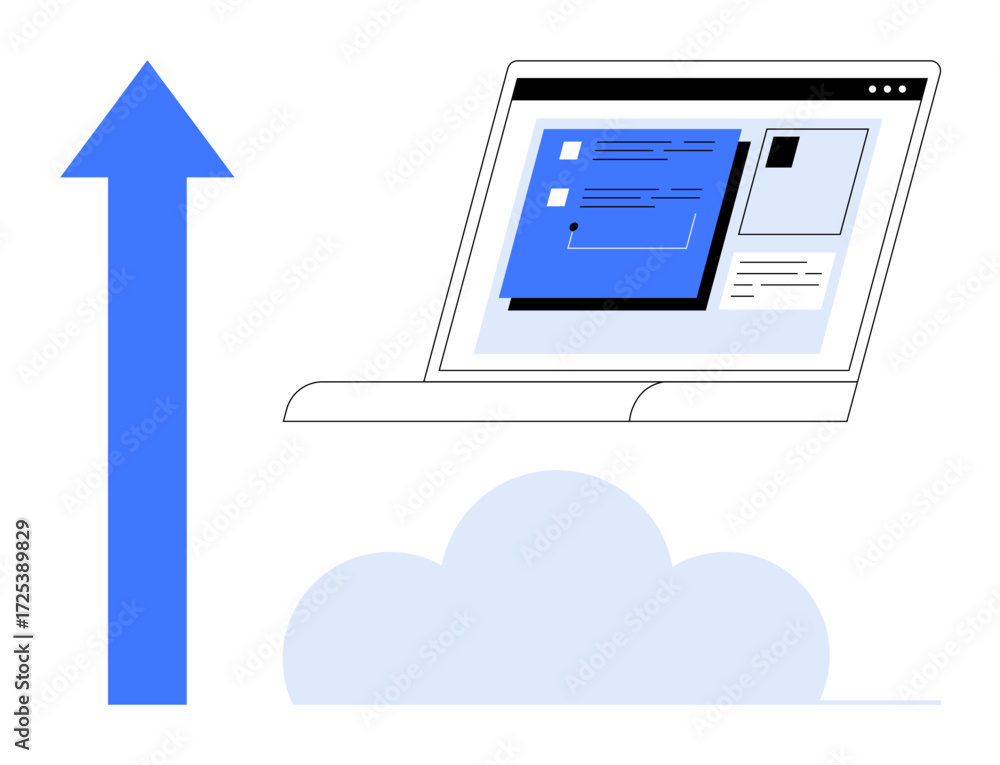 Aufkleber laptop screen with documents and blue arrow pointing upward above a cloud. ideal for technology, clo
