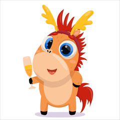 Vector illustration of a horse holding a glass of champagne. New Year, Christmas, holiday, 2026, Horse, Chinese New Year, Horoscope, games, entertainment, relaxation, weekend, snow, fun, vacation