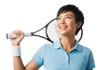 Joyful asian woman holding tennis racquet smiling looking up in studio portrait isolated on transparent background