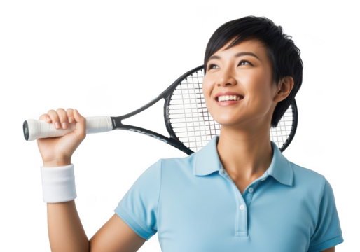 Joyful asian woman holding tennis racquet smiling looking up in studio portrait isolated on transparent background