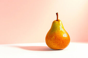 Fresh ripe organic yellow red pear on soft pink background, harvesting season, warm color autumn food. Natural tasty sweet fruit dessert.