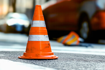 Close-up of orange white car traffic cone on asphalt surface of road, on blurred background cars crash accident on the street.