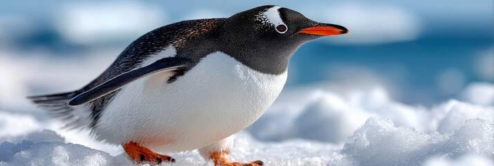 Obraz premium Gentoo Penguin Walking Gracefully on Ice in Antarctica, Majestic Seabird in its Natural Habitat