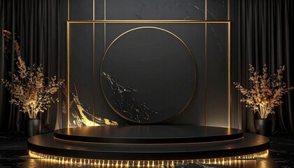 Elegant dark stage with a round black marble podium, golden accents, and glowing lights for a sophisticated product showcase or presentation