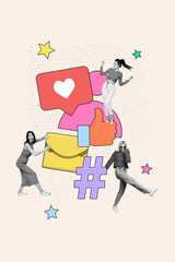 Template poster trend 3D photo collage of thumb email hashtag heart chatting blog notification...