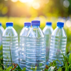 Plastic bottles on grass in sunlight