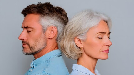 Stressed senior couple standing back-to-back with their eyes closed. Sadness, stress, and relationship problems concept in older people