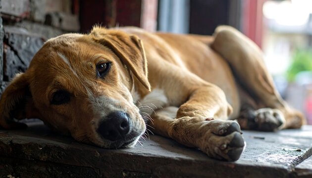 Sad dog resting outdoors