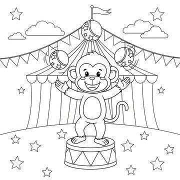 Monkey at the circus coloring page. Cute cartoon circus illustration. A happy monkey balancing on a drum and juggling balls under a circus tent. Perfect printable activity sheet for kids.