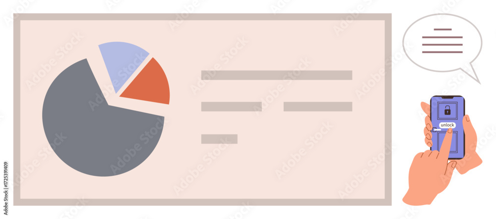 Poster pie chart with multiple data segments on large board, user interacting with smartphone touchscreen. 