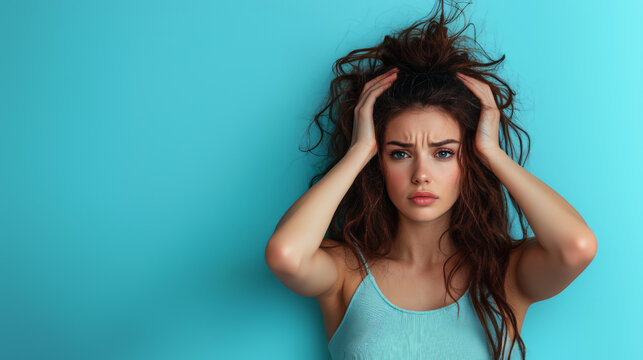 Frustrated young woman pulling messy hair blue background