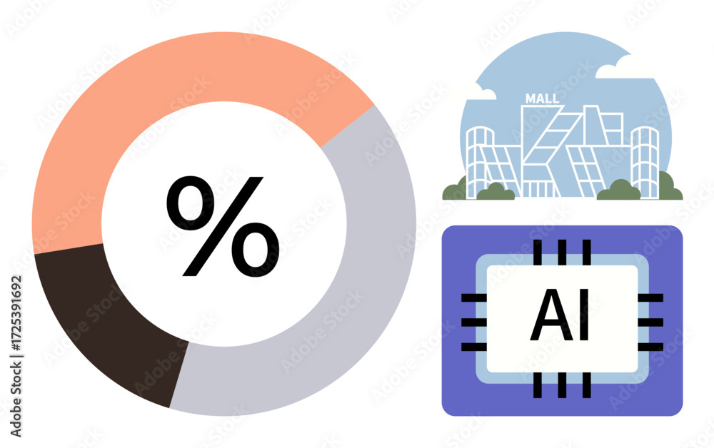 Poster pie chart data visualization, artificial intelligence processor, and mall building concept. ideal fo
