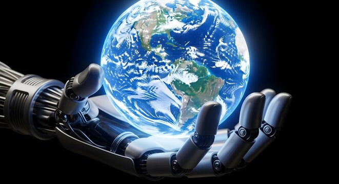 A robotic hand cradles a glowing Earth, symbolizing technology's impact on the planet.