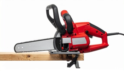 Hybrid chainsaw-planer tool shaping wood white background—evoking innovation, power, and precision in carpentry.