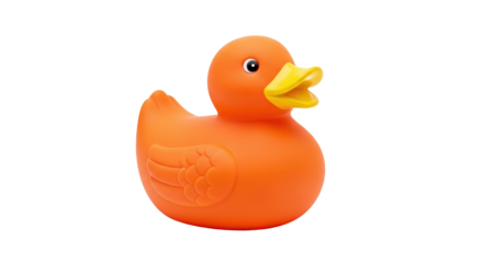 Isolated Rubber Duck Toy - Aquatic Bird in Orange and Yellow Colors on a Clear Surface