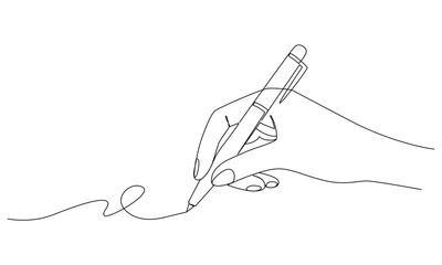 Continuous one line drawing of Hand holding pen.Letter and diary concept. School lesson symbol in editable stroke eps 10