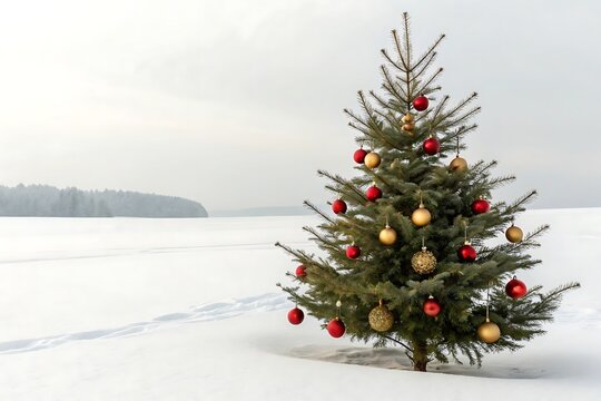 Decorated christmas tree stands alone in a vast snowy winter landscape under a cloudy sky